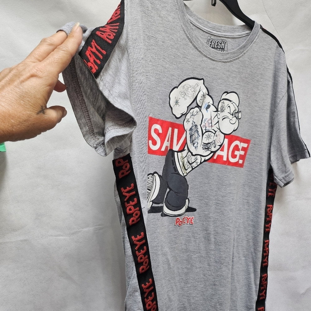 Fresh Laundry Savage Tattoo  Popeye Gray Red Short Sleeve Graphic Tee Size XL - Picture 3 of 5